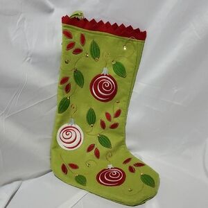 Vintage Handmade Christmas Stocking Green Sparkly Ornaments Holiday Decor 18"